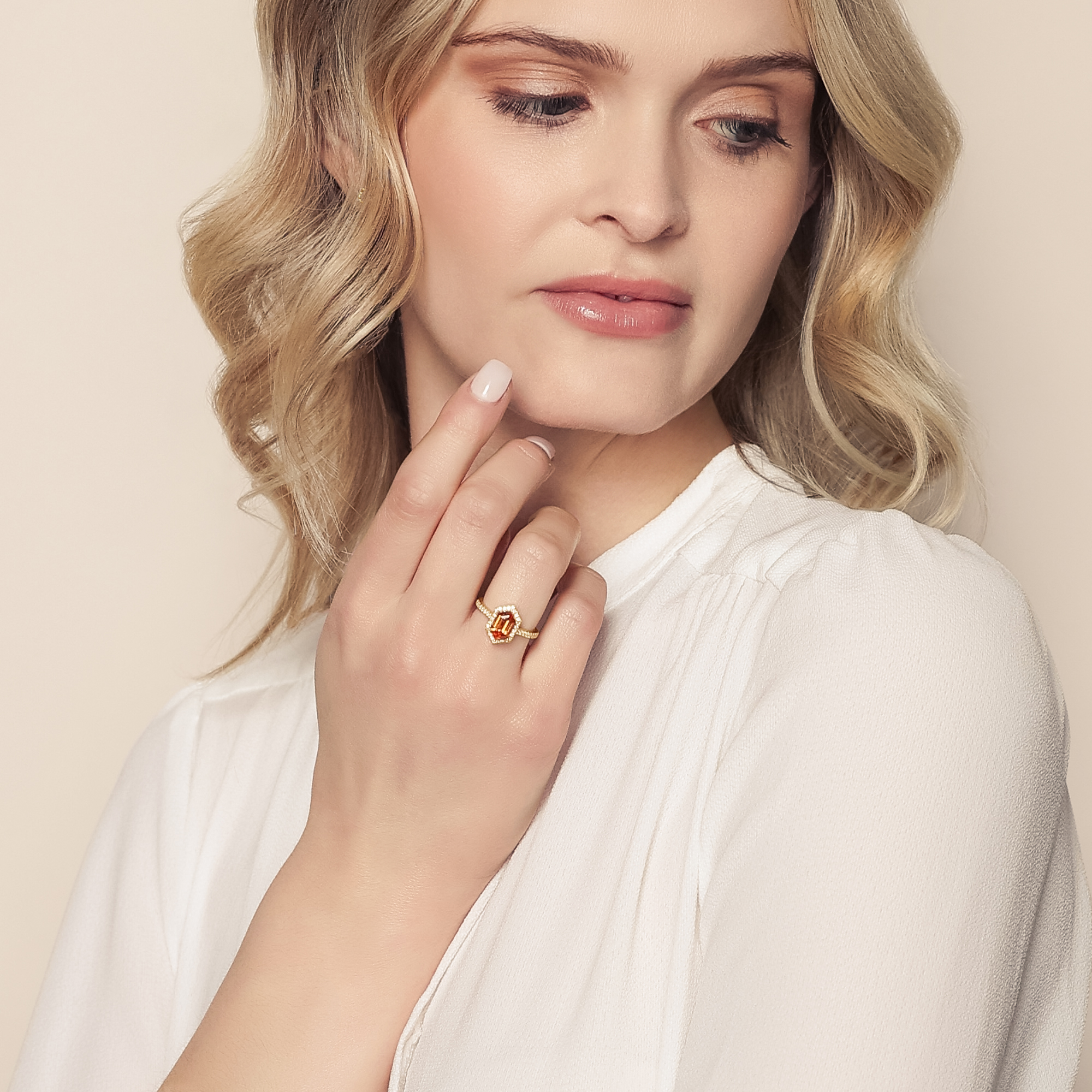 Hexagon Spessartine Garnet & Diamond Pointed Halo and Shank Ring in Yellow Gold